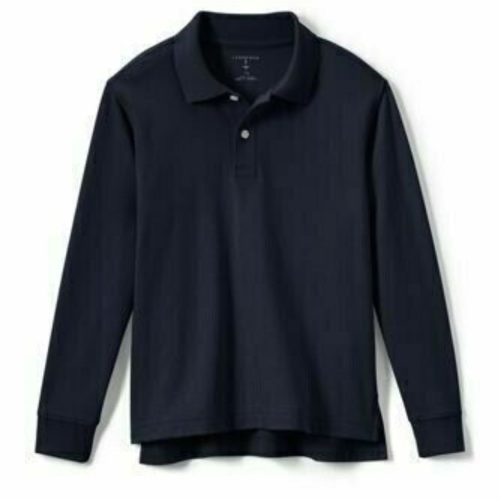 NWT LANDS' END KIDS LONG‎ SLEEVE INTERLOCK POLO SHIRT CLASSIC NAVY LARGE
